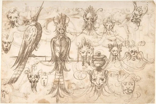 Studies for birds and grotesque masks (recto); candelabra grotesques, ewers and vases (verso)