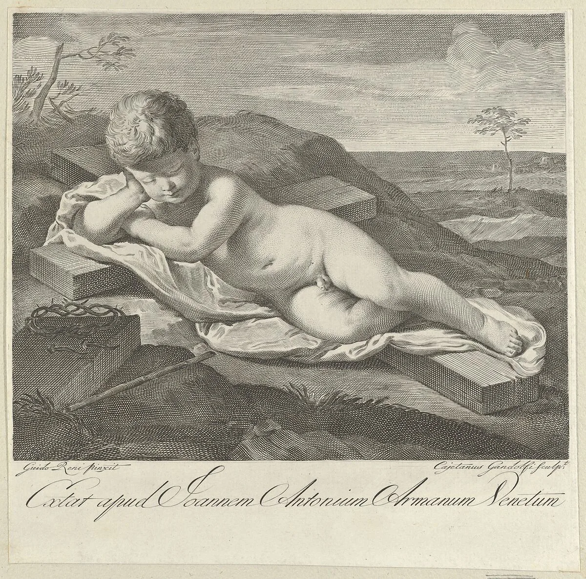 The Christ Child sleeping on a cross in a landscape, crown of thorns in the foreground, after Reni — Guido Reni|Gaetano Gandolfi
