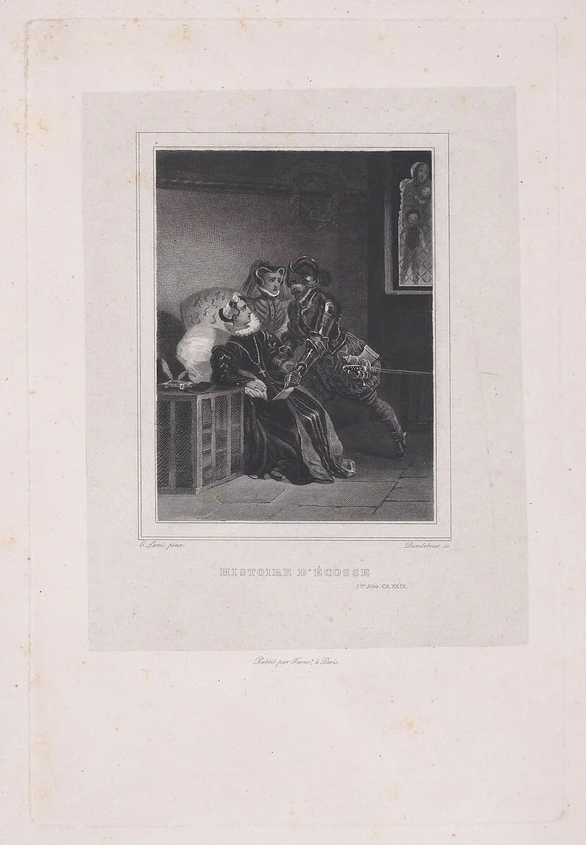 Mary, Queen of Scots being urged by Sir Robert Melville to abdicate (from "Oeuvres de Walter Scott: Histoire d'Écosse," series one, volume 26, chapter 29) — Mary, Queen of Scots|Eugène-Louis Lami|Sir Walter Scott|Furne, Gosselin, Perrotin|Pierre-Léonard Dandeleux