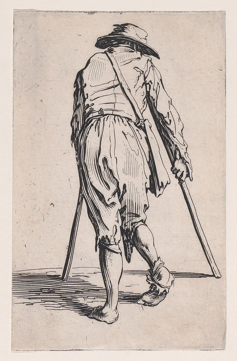 Le Mendiant aux Béquilles Coiffé d'un Chapeau et Vu de Dos (The Beggar with Crutches and a Hat Viewed from Behind), from Les Gueux suite appelée aussi Les Mendiants, Les Baroni, ou Les Barons (The Beggars, also called the Barons) — Jacques Callot