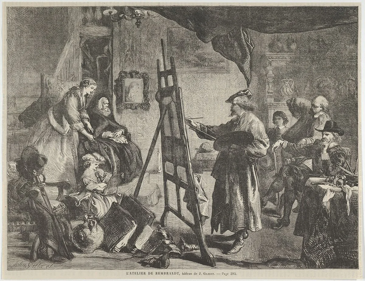 L'Atelier de Rembrandt, tableau de J. Gilbert (Rembrandt's Studio, a painting by J. Gilbert), from "L'Univers Illustré," p. 395 — William Luson Thomas|Sir John Gilbert|Rembrandt (Rembrandt van Rijn)