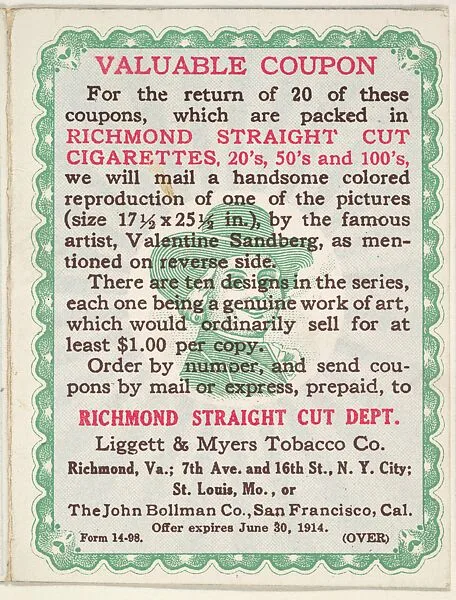 Original coupon included with each card from the series "Artistic Pictures" (T32), issued by Liggett & Myers Tobacco Company to promote Richmond Straight Cut Cigarettes — Valentine Sandberg|Liggett & Myers Tobacco Company