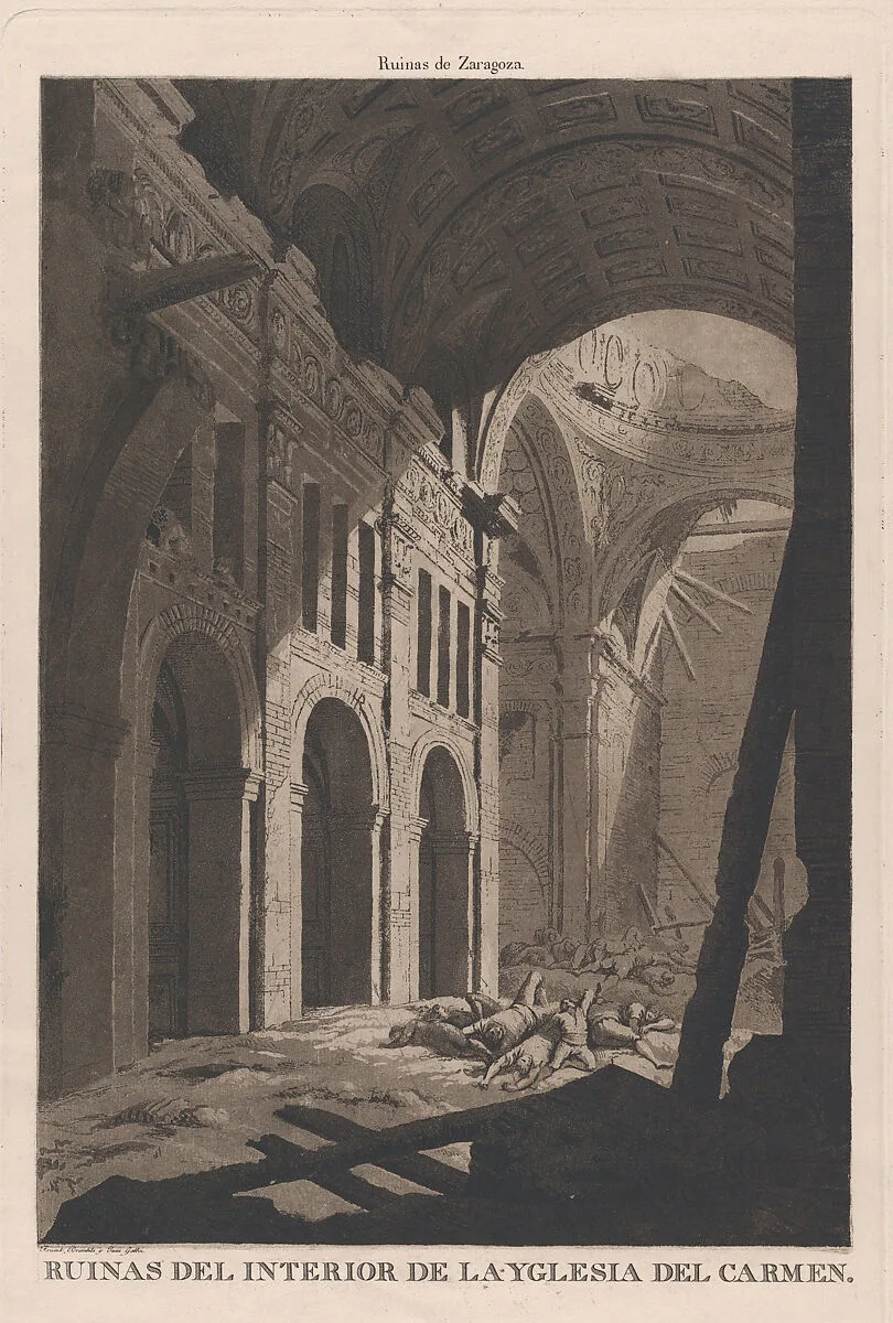 View of the ruins of the interior of the Church of Nuestra Senora del Carmen in Saragossa bombed by the invading French army during the Napoleonic war — Juan Galvez|Fernando Brambila