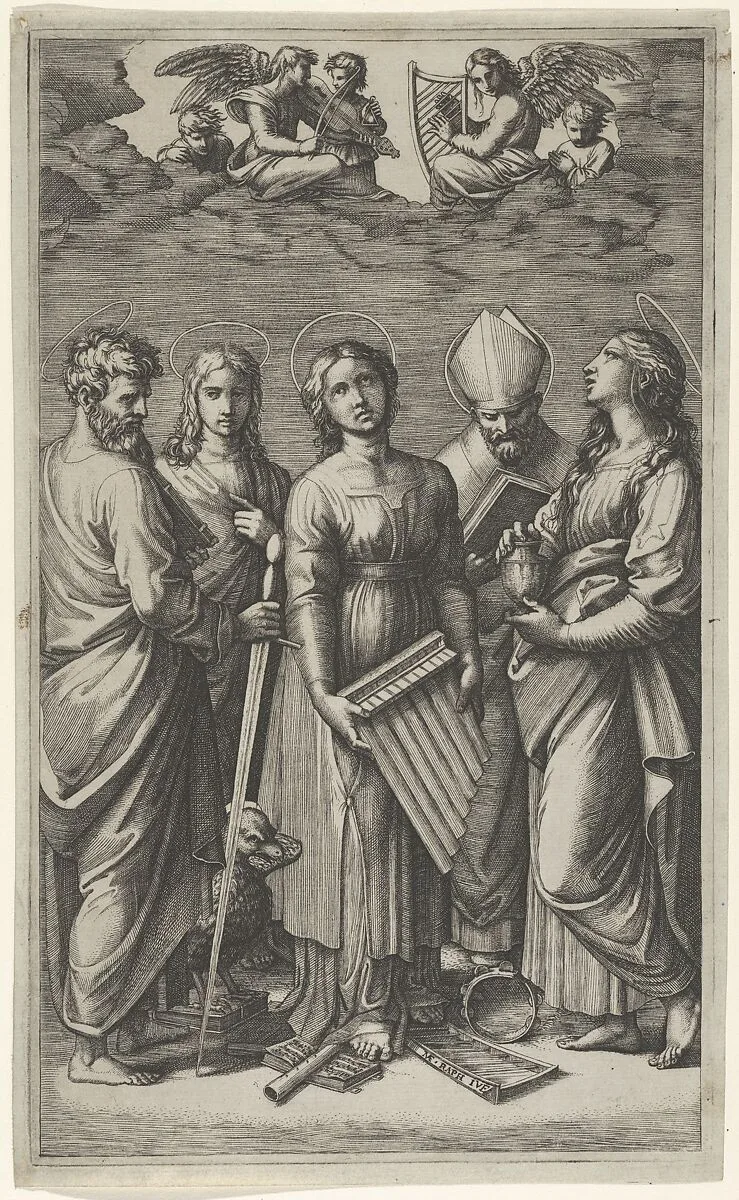 St Cecilia holding an organ, flanked by St Paul, St John the Evangelist, St Augustine and Mary Magdalen, musical angels above — Raphael (Raffaello Sanzio or Santi)|Marcantonio Raimondi