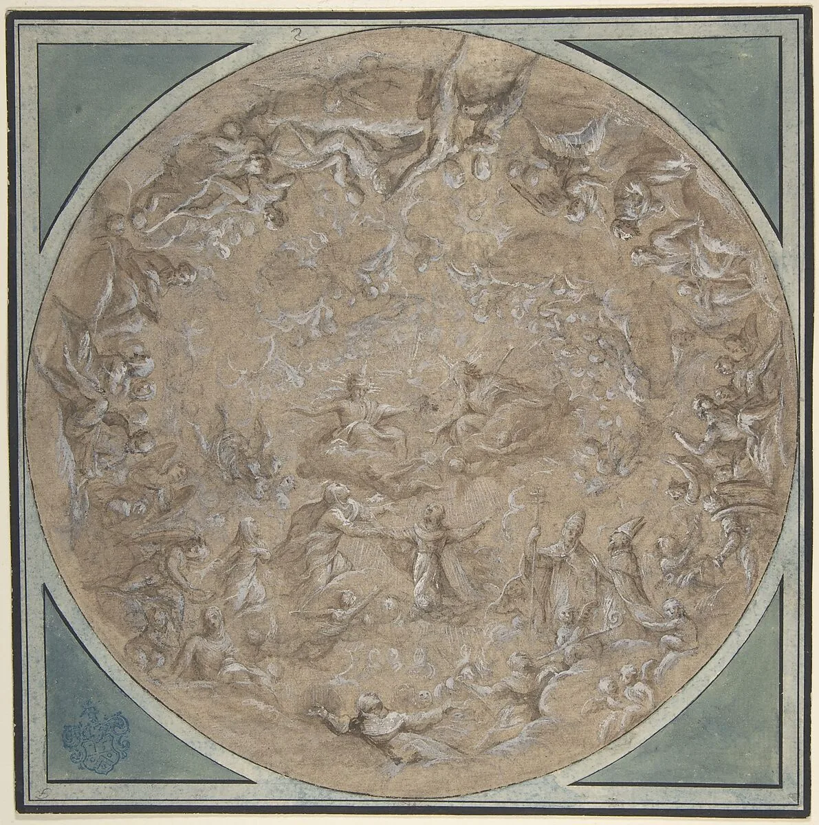 Monastic Saint Presented to the Holy Trinity by the Virgin, Study for a Circular Ceiling Decoration — Lazzaro Baldi