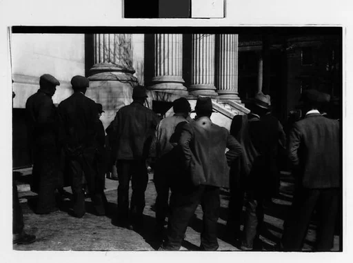 [Three 35mm Film Frames: Crowd of Men Outside Public Building, From Behind, Possibly Newcastle, Delaware]