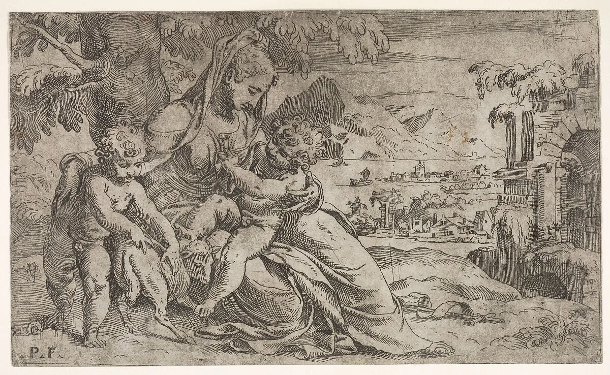 Seated Virgin and Child with Saint John the Baptist and a lamb on a hillside — Orazio Farinati|Paolo Farinati