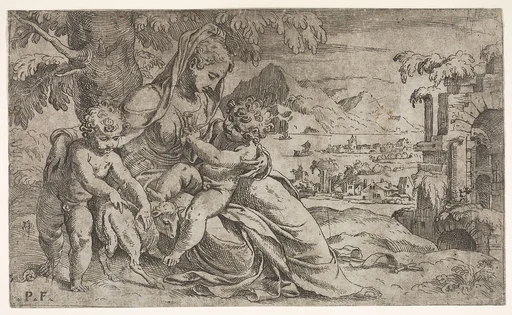Seated Virgin and Child with Saint John the Baptist and a lamb on a hillside