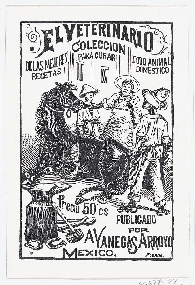 A group of people surrounding a horse, illustration for 'El Veterinario (The Veterinary: Collection of the best prescriptions for curing all domestic animals)' published by Antonio Vanegas Arroyo — José Guadalupe Posada|José Sanchez