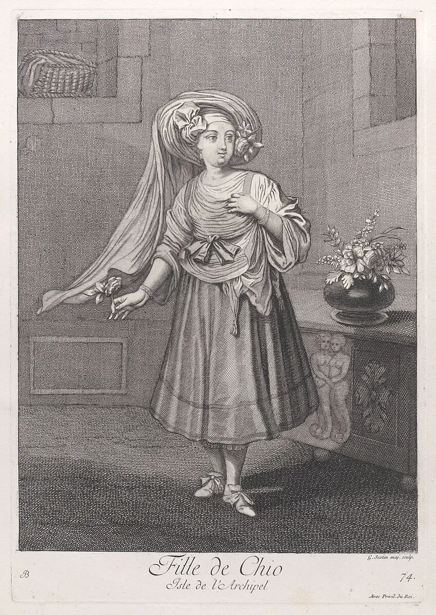 Fille de Chio, Isle de l'Archipel, plate 74 from "Recueil de cent estampes représentent differentes nations du Levant" — Gérard Jean Baptiste Scotin I|Jean Baptiste Vanmour|Jacques le Hay