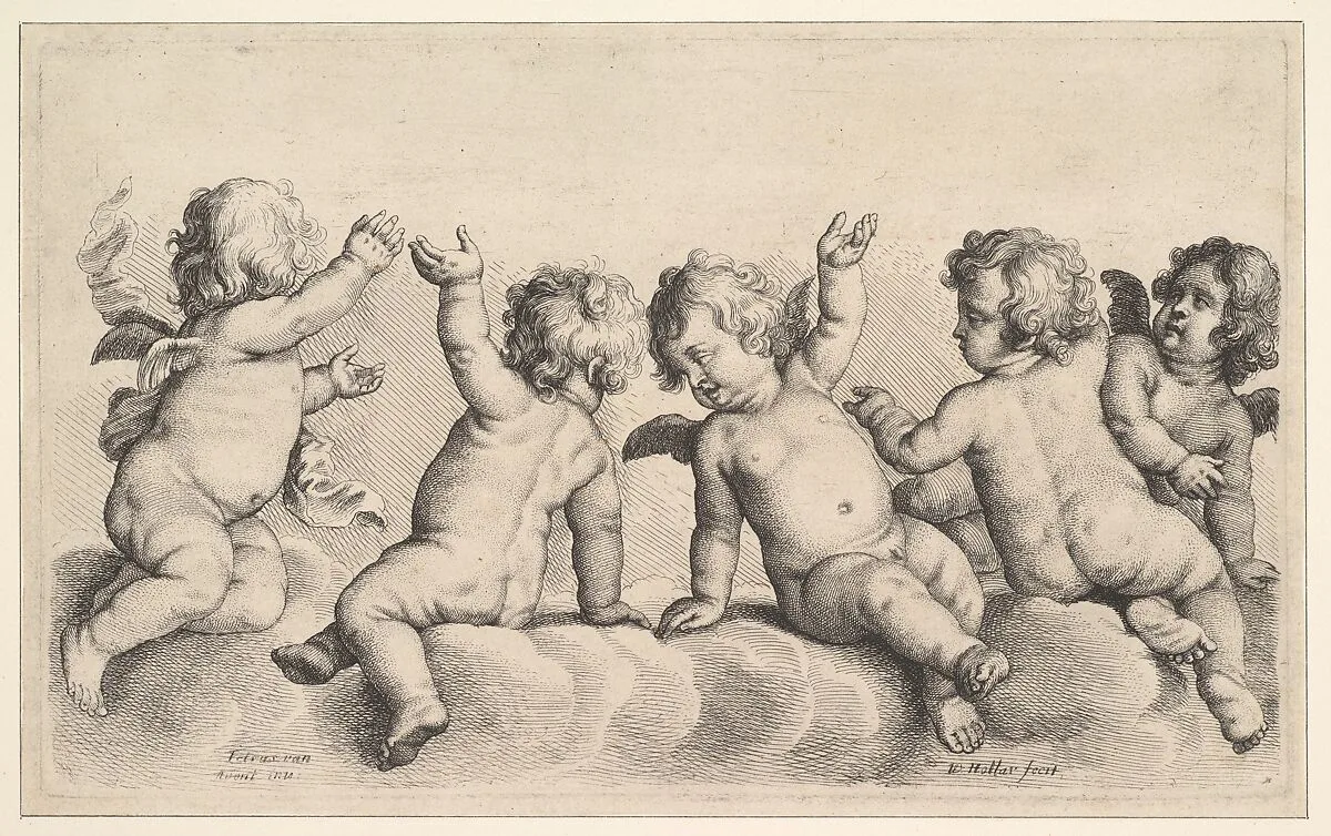 Three Cherubs and Two Boys on Clouds — Wenceslaus Hollar|Pieter van Avont