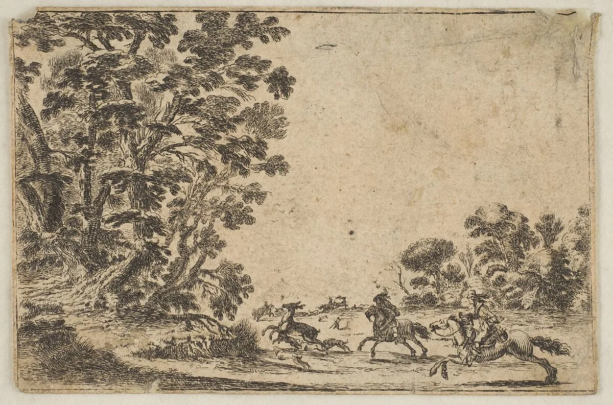 Plate 4: a deer hunt, two horsemen galloping towards the rightbehind three dogs and a deer, a group of trees to left, from "Various Figures" (Agréable diversité de figures) — Stefano della Bella