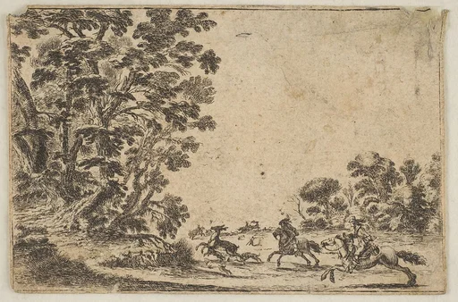 Plate 4: a deer hunt, two horsemen galloping towards the rightbehind three dogs and a deer, a group of trees to left, from "Various Figures" (Agréable diversité de figures)
