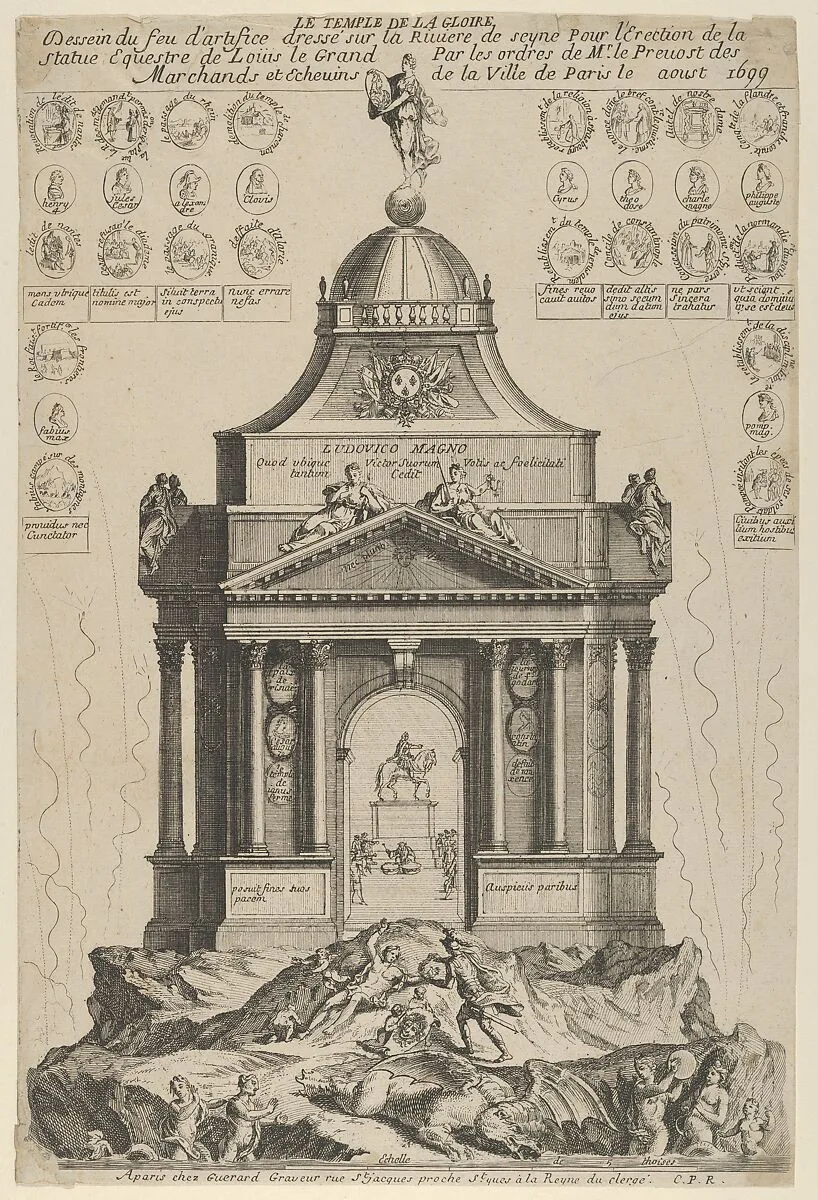 Fireworks celebrating the erection of the Temple of Glory and equestrian statue of Louis le Grand, Paris 1699 — Nicolas Guérard|Anonymous, French, 17th century