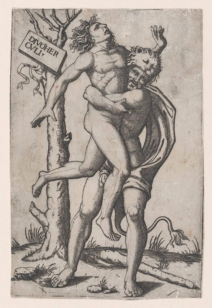 Hercules, grasping Antaeus at the waist with both arms and lifting him off his feet, in background at right the ruins of a temple, at left a group of trees against which are posed a club and the skin of a lion — Marcantonio Raimondi