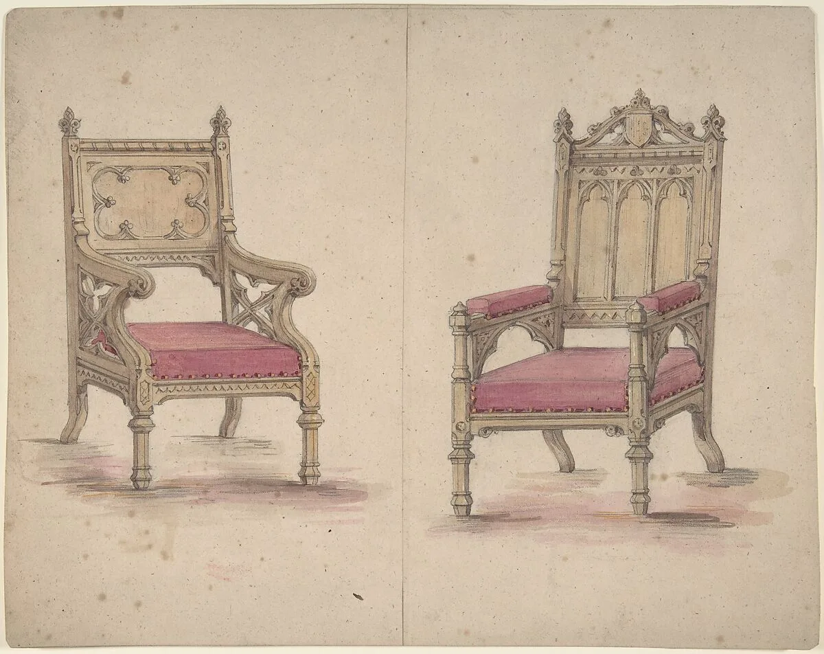Designs for Two Gothic Style Chairs — Anonymous, British, 19th century