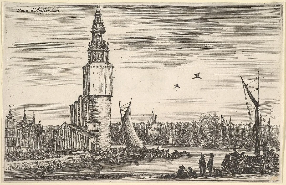 View of Amsterdam (Vue d'Amsterdam), a tower and houses to left, men standing on the pier to right, many ships in the port in the background, from 'Views of seaports' (Vues de ports de mar) — Stefano della Bella