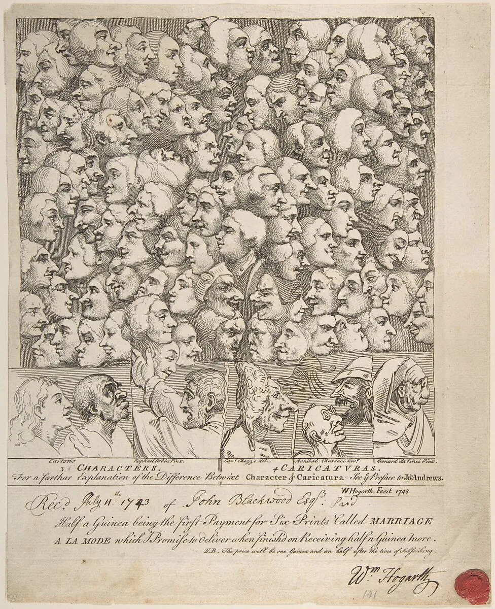 Characters and Caricaturas — Annibale Carracci|Raphael (Raffaello Sanzio or Santi)|Leonardo da Vinci|Pier Leone Ghezzi|William Hogarth