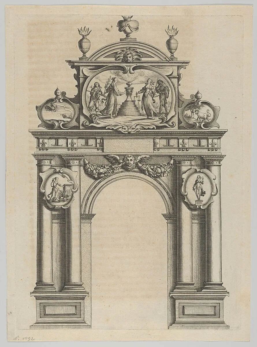 Triumphal arch, from 'Éloges et discours sur la triomphante réception du Roy en sa ville de Paris ...' by Jean-Baptiste de Machault — Abraham Bosse|Melchior Tavernier|Jean-Baptiste de Machault|Pierre Firens I