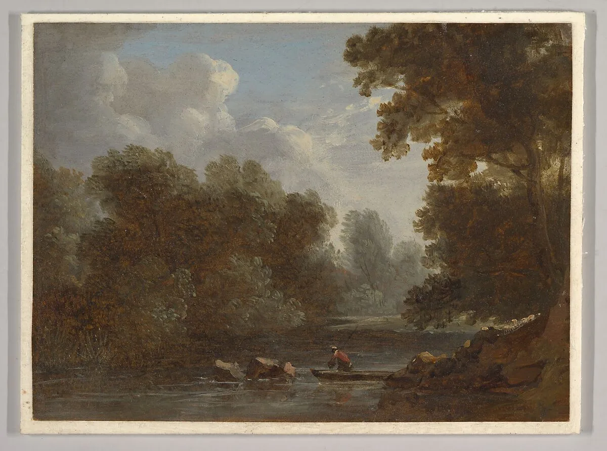 A Wooded River Landscape with a Fisherman in a Boat — Benjamin Barker, the younger