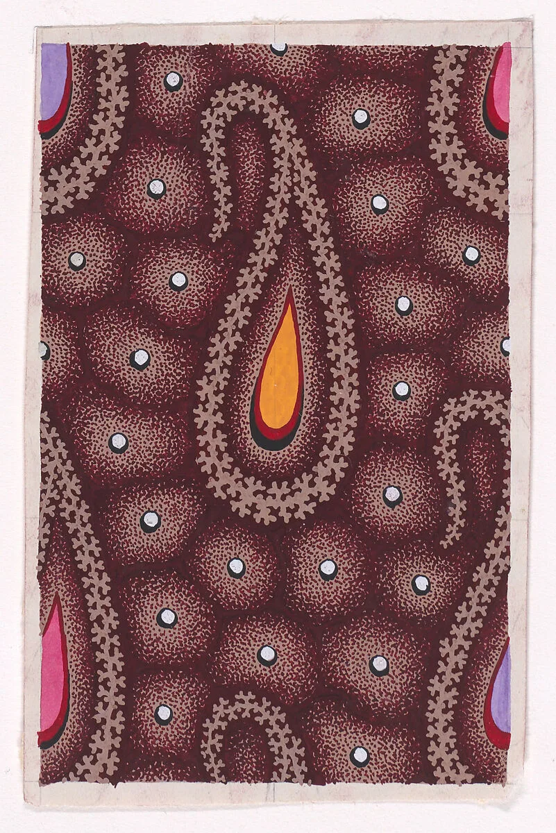 Textile Design with Alternating Rows of Paisley Motifs Outlined with Branches and Decorated with a Teardrop Shape over an Abstract Honeycomb Pattern Decorated with Pearls — Anonymous, Alsatian, 19th century