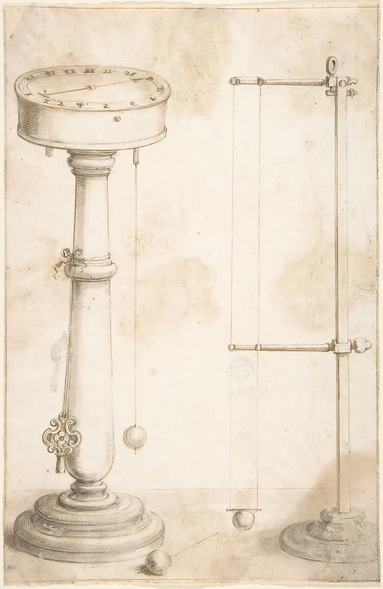 Designs for a clock (Illustrations for "Saggi di naturali esperienze") — Circle of Giuseppe Cocchini|Anonymous, Italian, 17th century