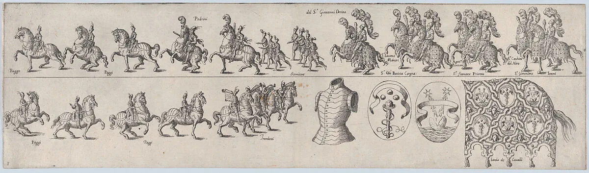 Plate depicting Giovanni Orsino, from a series of twelve showing knights and their attendants dressed for a tournament (plate 8) — Anonymous
