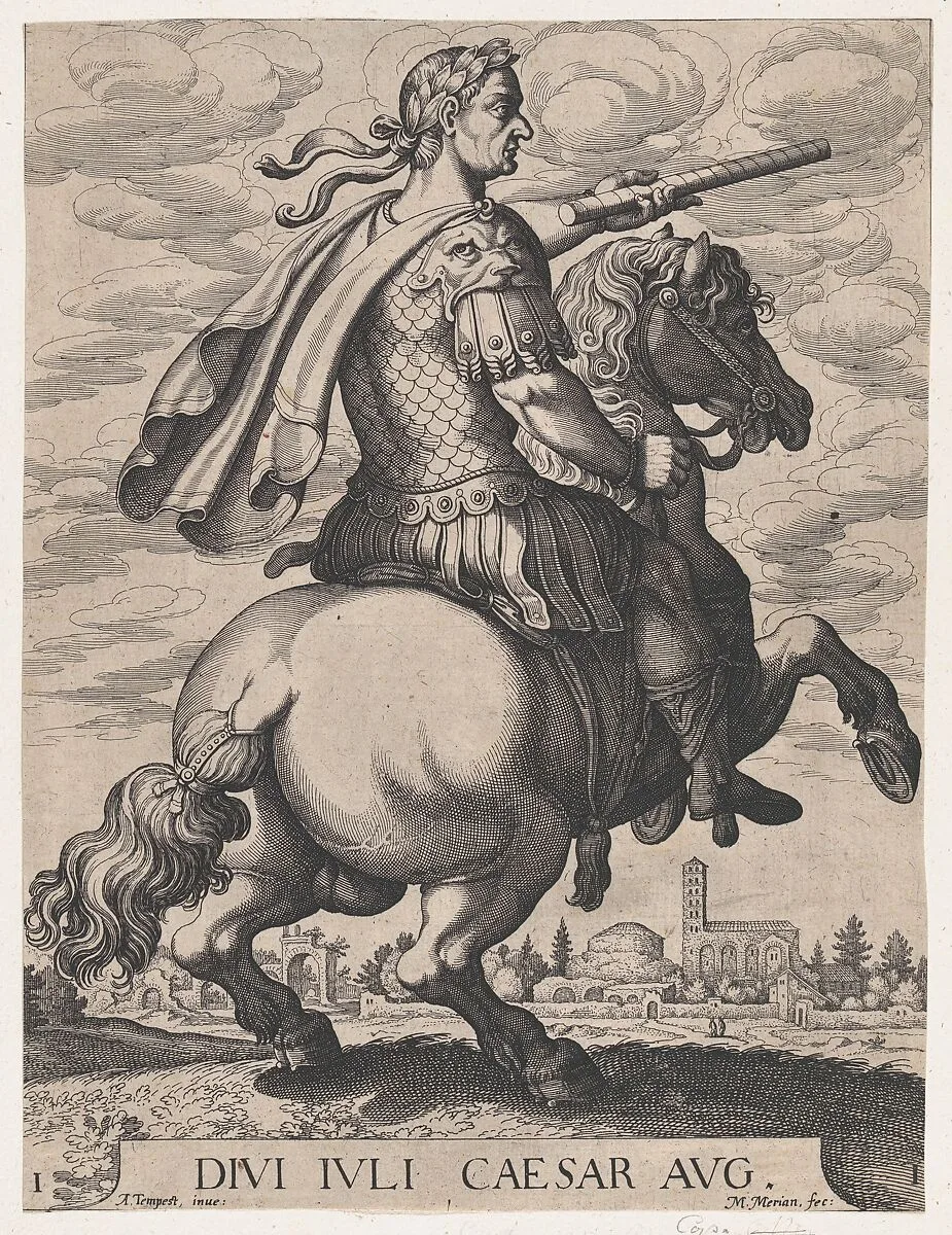 Plate 1: Emperor Julius Caesar on Horseback, from ' The First Twelve Roman Caesars', after Tempesta — Antonio Tempesta|Matthäus Merian the Elder