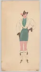 Drawing for a woman's theatrical costume with green dress, white jacket, and brown accessories, for 'At Home Abroad', 1935 — Vincente Minnelli
