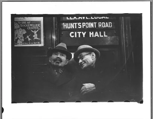 [Five 35mm Film Frames: Subway Passengers, New York City: Two Men Beneath "City Hall" Sign, Two Women]