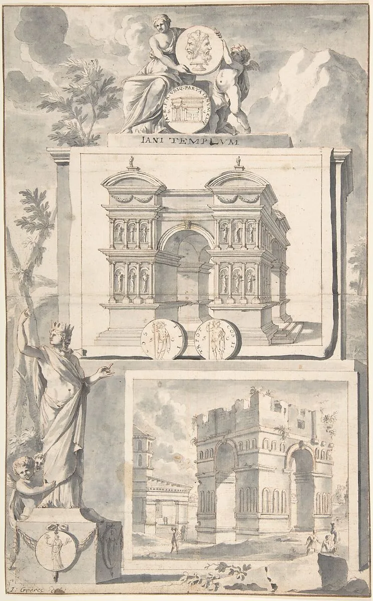 A Reconstruction of the Temple of Janus (above) and a View of the Ruins (below) — Jan Goeree