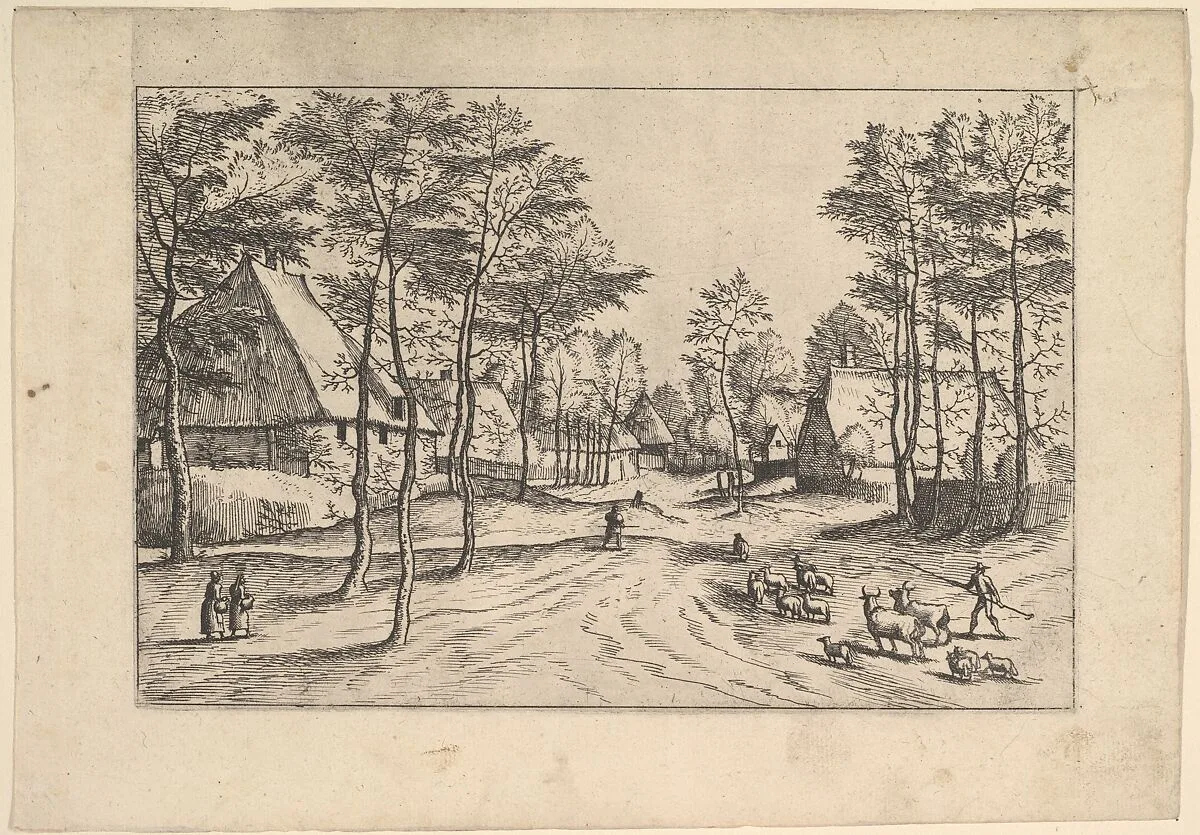 Village Street, cattle, sheep and herdsman in the foreground from Praediorum villarum et rusticarum casularum icones elenoantissimae ad vivum in apre deformatae — Johannes van Doetecum I|Lucas van Doetecum|Hieronymus Cock|The Master of the Small Landscapes|Pieter Bruegel the Elder|Cornelis Cort