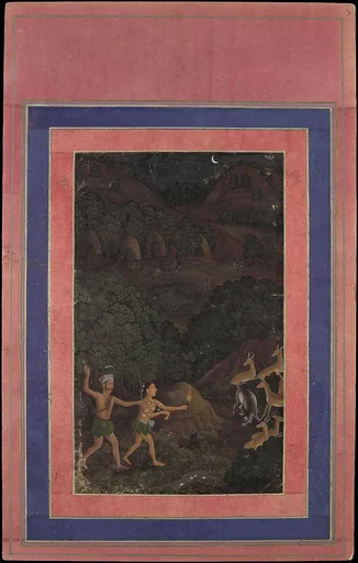 "Bhil Couple Hunting Deer at Night", Folio from the Davis Album