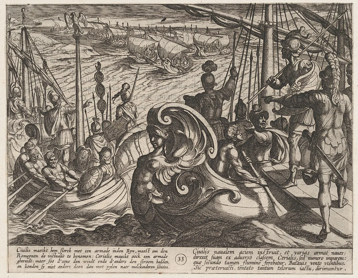 Plate 33: Dutch and Roman Flotillas on the Rhine, from The War of the Romans Against the Batavians (Romanorvm et Batavorvm societas) — Antonio Tempesta|Otto van Veen