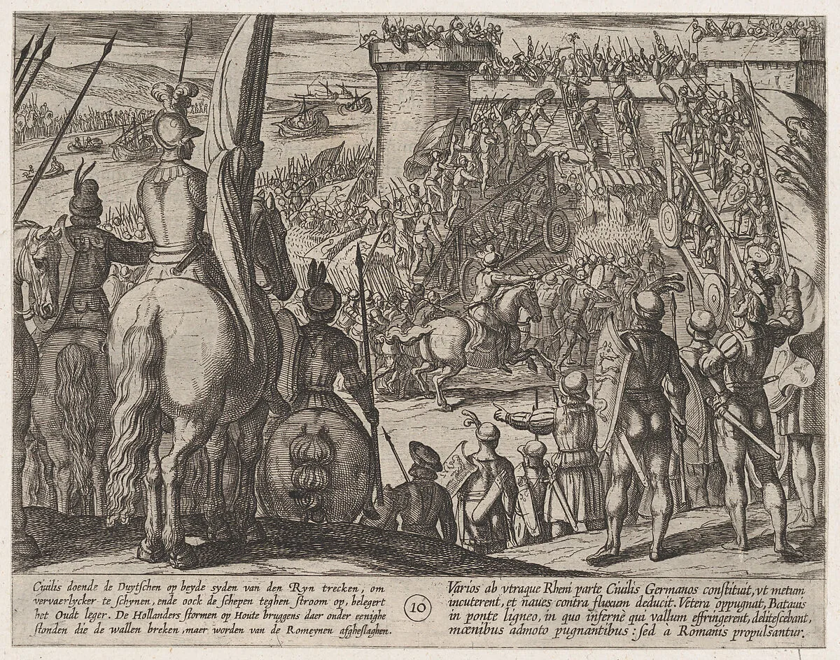 Plate 10: Civilis using Movable Wooden Bridges to Attack the Fortress, from The War of the Romans Against the Batavians (Romanorvm et Batavorvm societas) — Antonio Tempesta|Otto van Veen