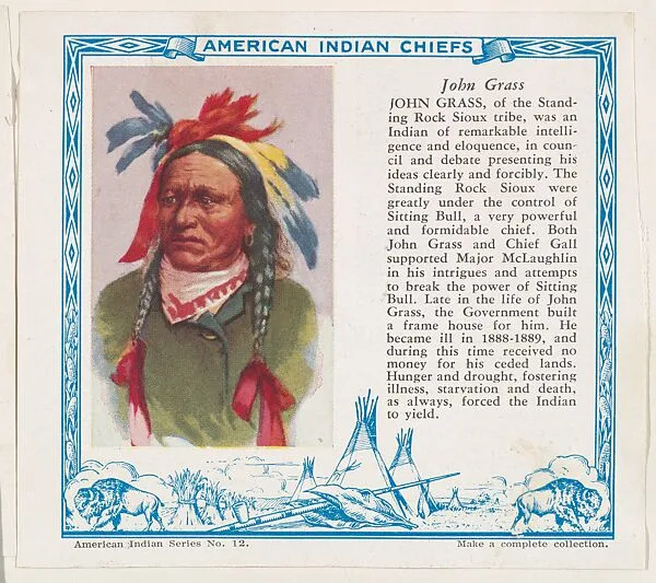 John Grass, No. 12, collector card from the American Indian Series (D6), issued by the Kelley Baking Company to promote Kelley's Bread — Kelley Baking Company