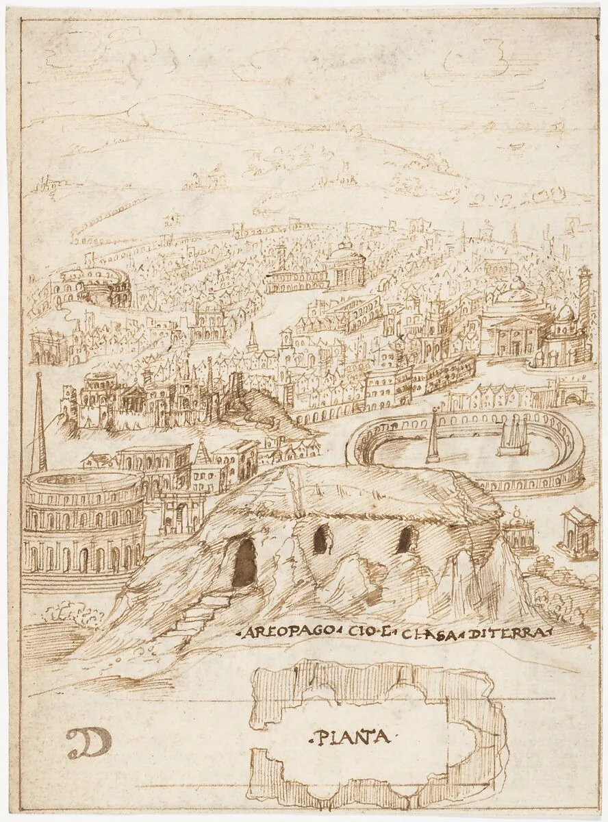Recto: The Houses of the Barbarians (Vitruvius, Book 2, Chapter 1, nos. 3, 4); Verso: The Aeropagus in Athens with Cave Houses (Vitruvius, Book 2, Chapter 1, no. 5). — Sangallo family|Marcus Pollio Vitruvius