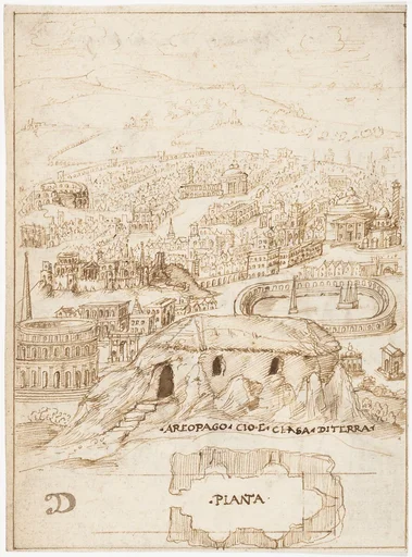 Recto: The Houses of the Barbarians (Vitruvius, Book 2, Chapter 1, nos. 3, 4); Verso: The Aeropagus in Athens with Cave Houses (Vitruvius, Book 2, Chapter 1, no. 5).