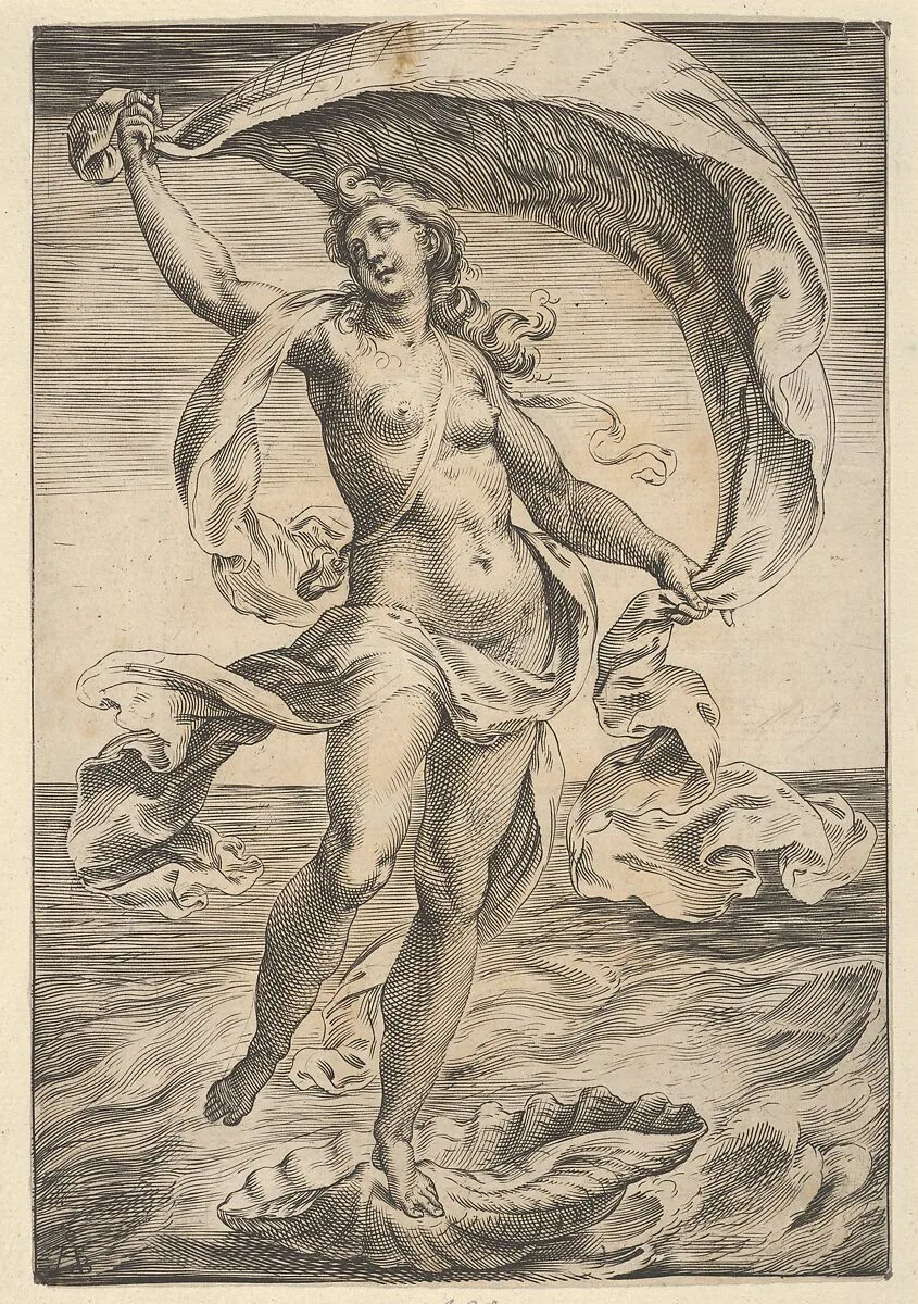Venus on a half-shell, holding fabric over her head — Cherubino Alberti (Zaccaria Mattia)