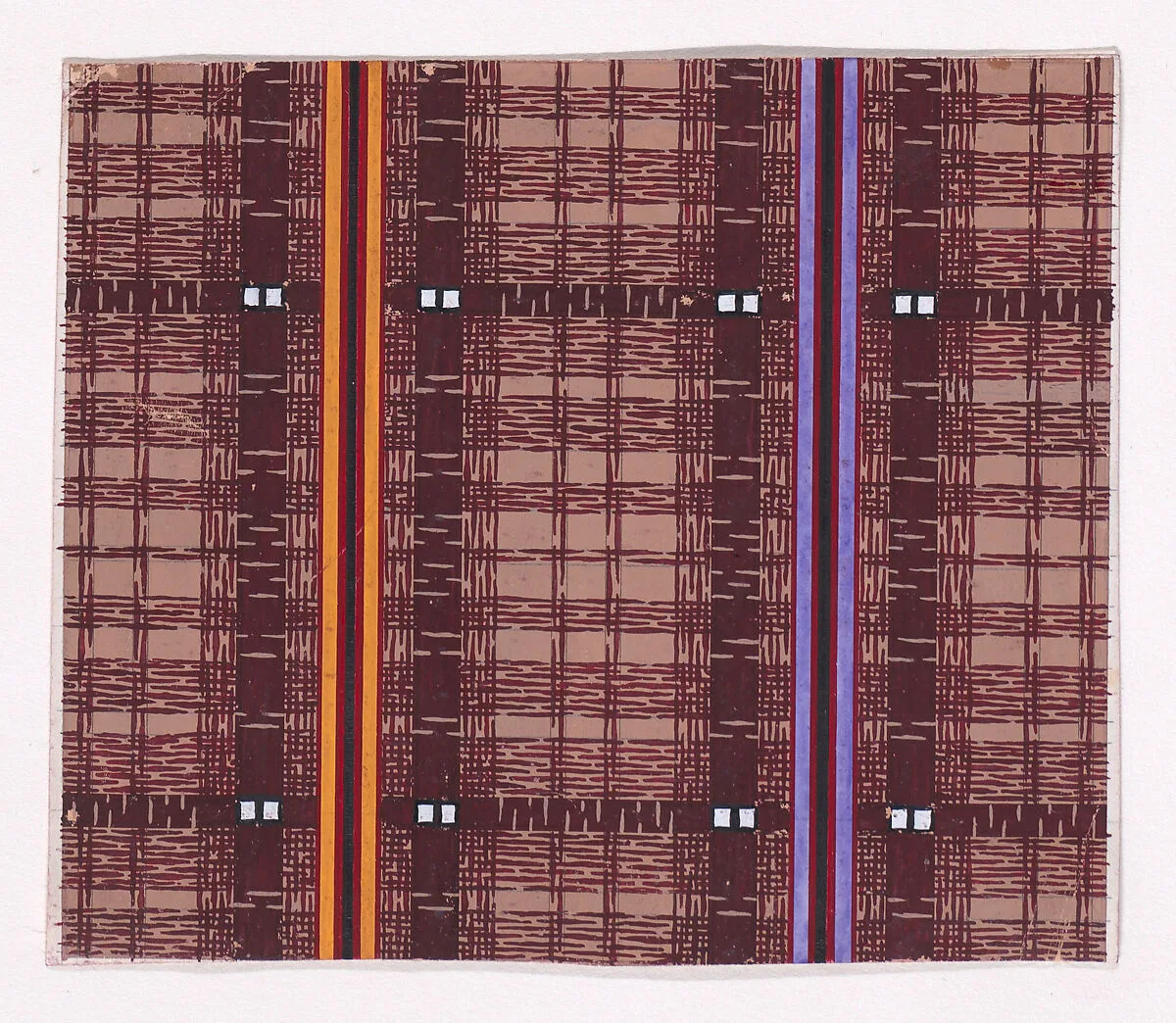 Textile Design with Tartan Background and Vertical Stripes — Anonymous, Alsatian, 19th century