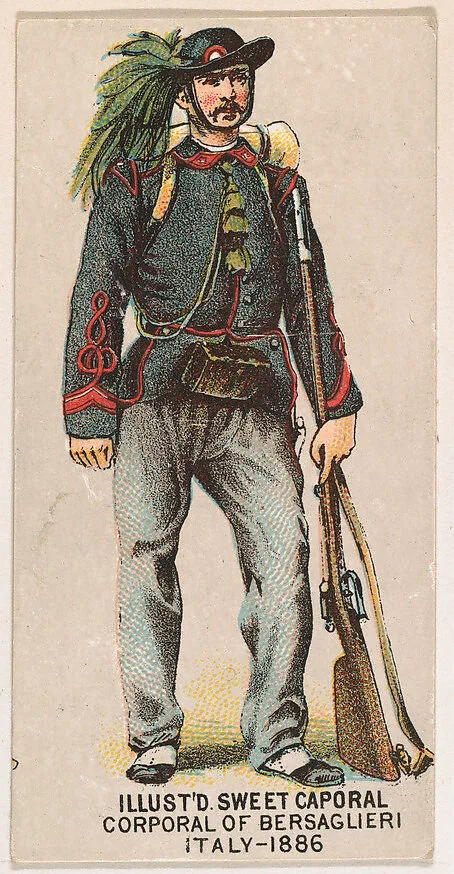 Corporal of Bersaglieri, Italy, 1886, from the Military Series (N224) issued by Kinney Tobacco Company to promote Sweet Caporal Cigarettes — Kinney Brothers Tobacco Company