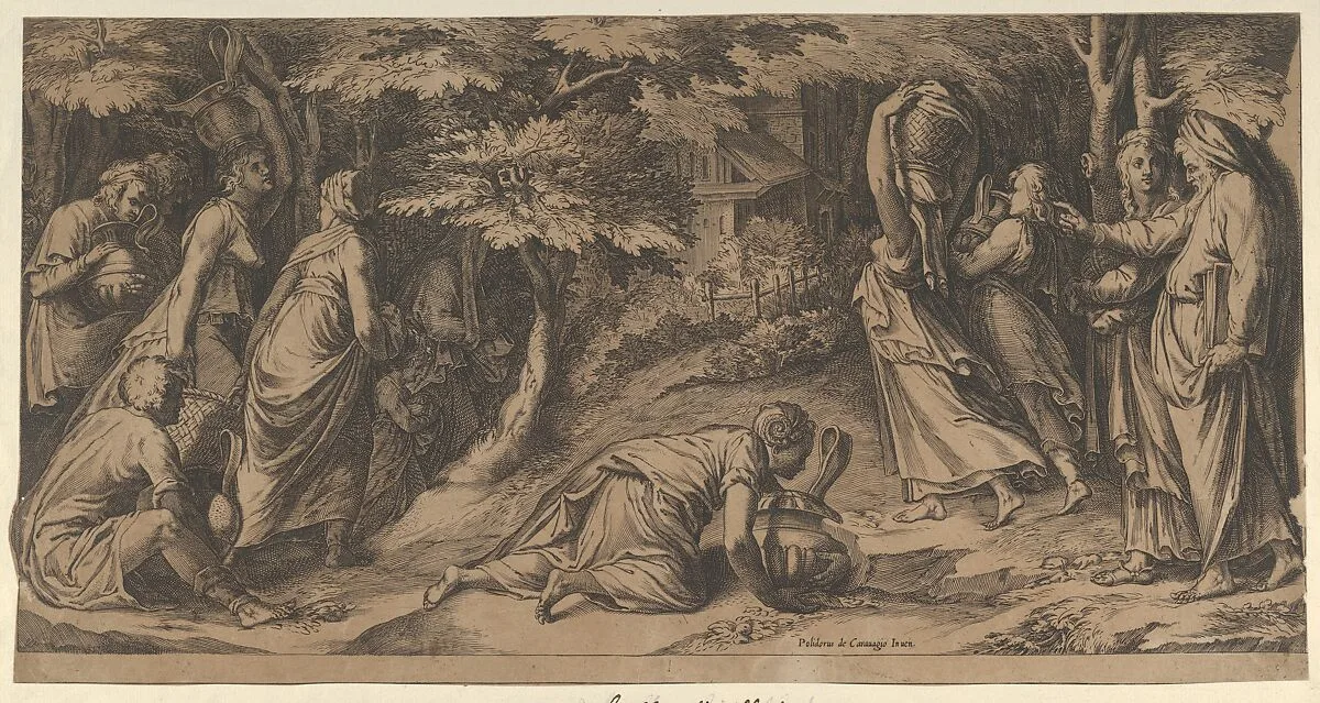 The Israelites fleeing Egypt with Moses at right extending his right hand and with a woman carrying an urn prostrate before him — Cherubino Alberti (Zaccaria Mattia)|Polidoro da Caravaggio
