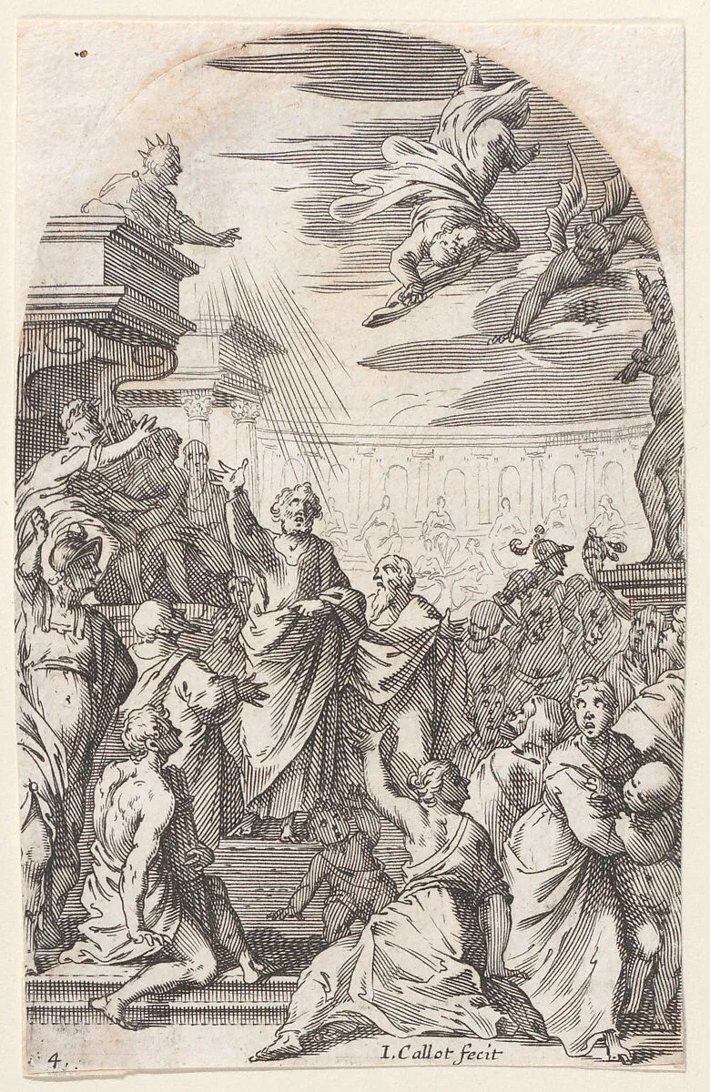 The Fall of Simon the Magician, plate 4 from "Les Tableaux de Rome, Les Eglises Jubilaires" (The Paintings of Rome, The Churches Jubilee) — Jacques Callot|Francesco Vanni
