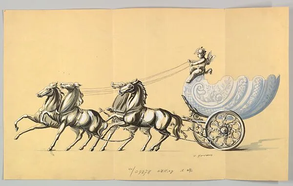 Design for an Ornamental Carriage with Silver Wheels, Drawn by Four Silver Horses and Driven by a Putto, the Body a Glass Shell — Anonymous, Czech, early 20th century