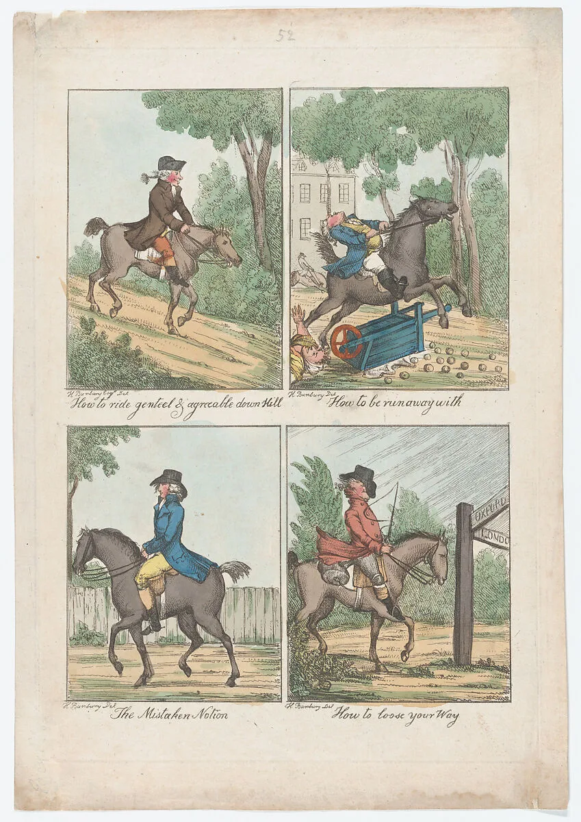 Four Scenes: How to Ride Genteel & Agreeable Down Hill; How to be Run Away With; The Mistaken Notion; How to Loose Your Way — Henry William Bunbury