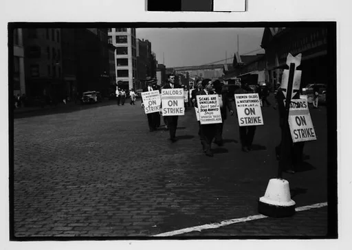 [Five 35mm Film Frames: Picket Lines, South Street, New York City]