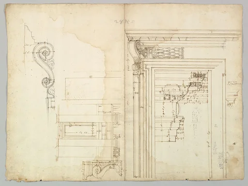 Palazzo Massimo alle Colonne, portico, elevation; portal, cornice, section; portal bracket, detail; fireplace, detail (recto) blank (verso)