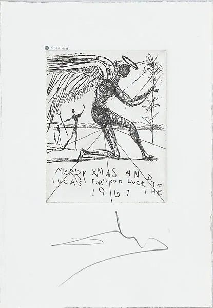 A Christmas card to the Lucas family, a kneeling angel and two other figures — Salvador Dalí