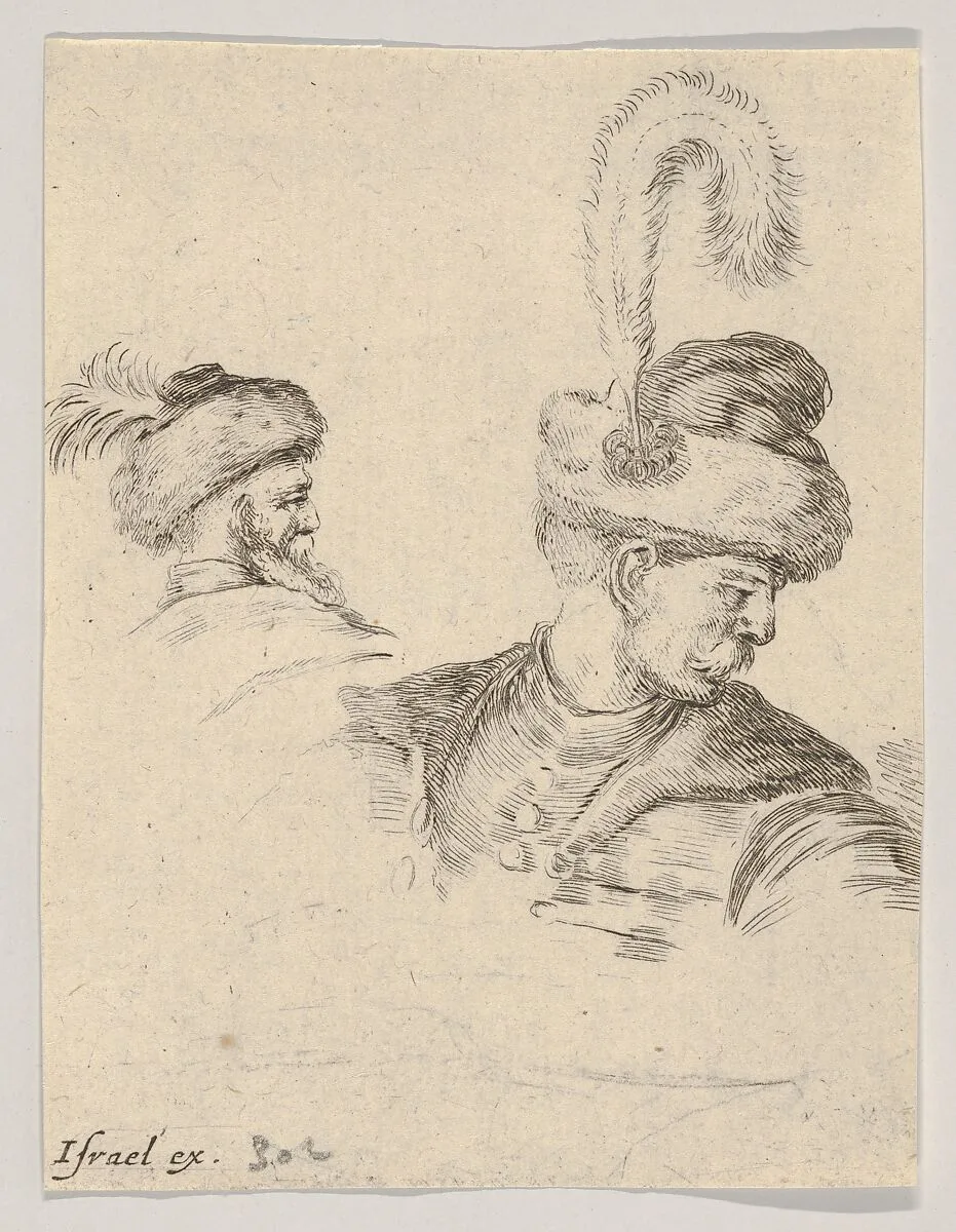 Plate 11: a Polish bust in profile, turned to the right, another Polish head seen from behind in the background, from 'The Book for Learning to Draw' (Livre pour apprendre à dessiner) — Stefano della Bella|Israël Henriet
