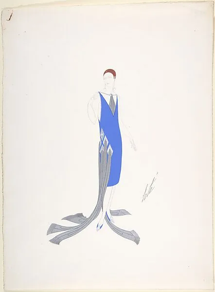 Design for Blue Dress with Beaded Patches at Hip and Trailing Silver Sashes for "Manhattan Mary, " Majestic Theater, New York — Erté (Romain de Tirtoff)